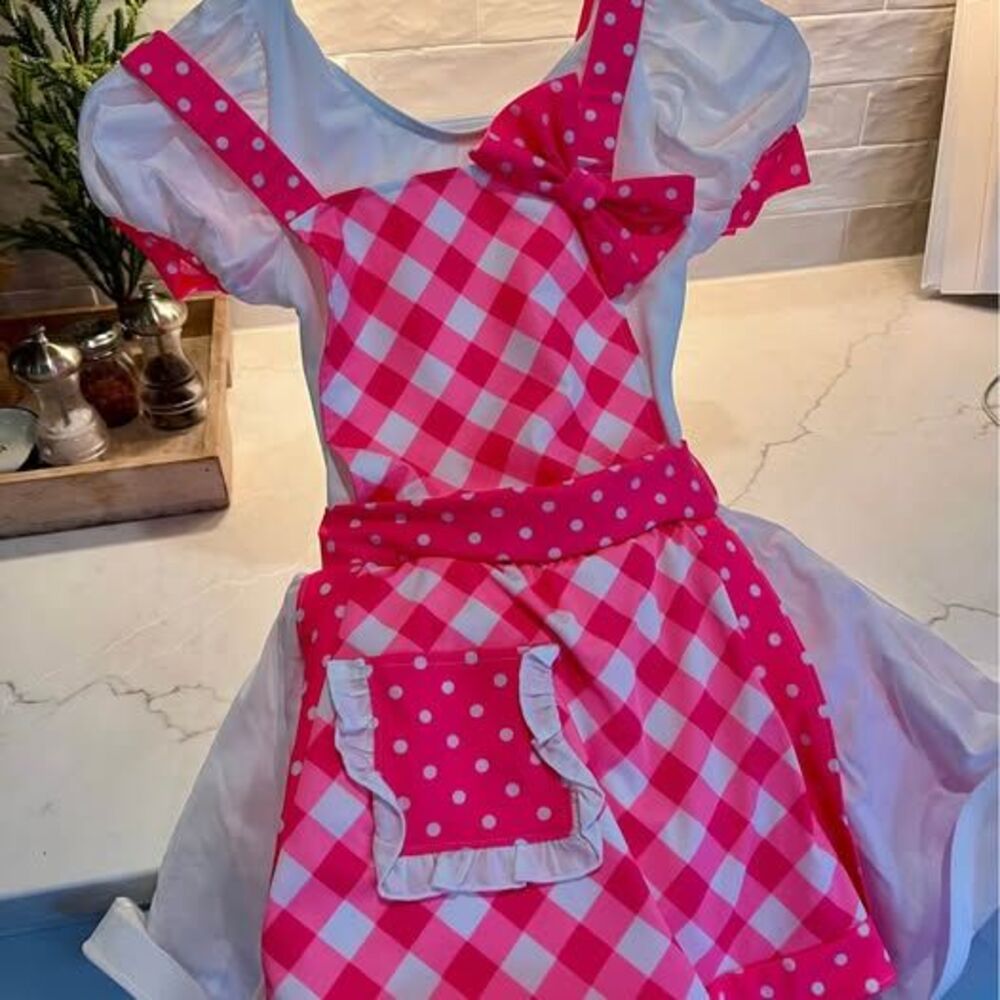 Custom Made Girls Pink Gingham Polka Dot Dress Costume & Headband